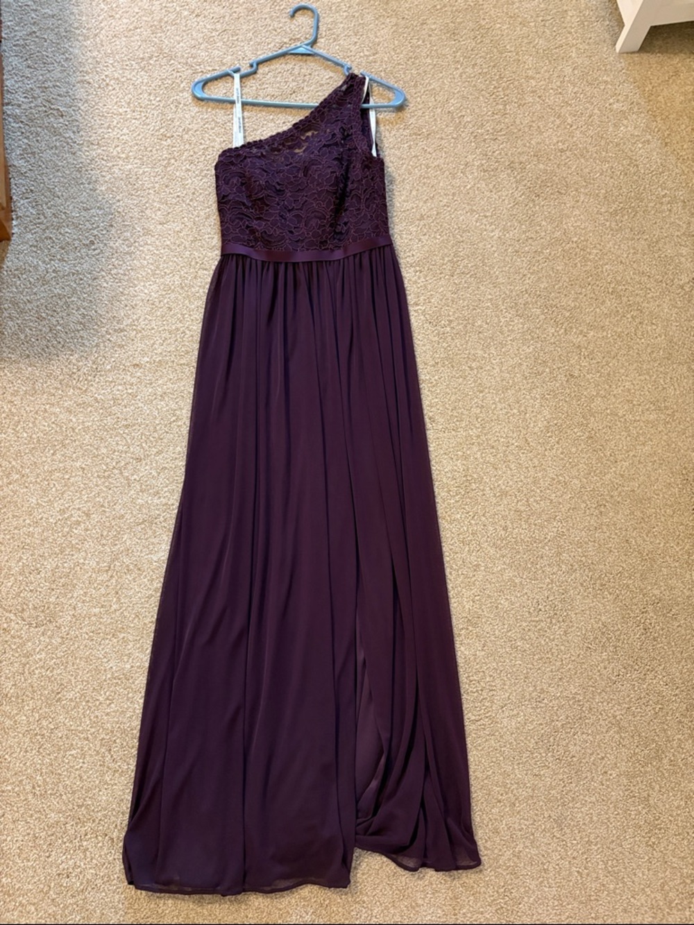 One-Shoulder Purple Lace Bodice Maxi Dress
